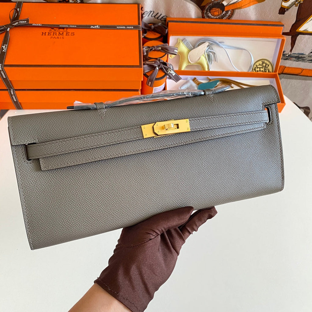 HERMES KELLY CUT 31 IN WOOD BROWN CALFSKIN WITH GOLD HARDWARE
