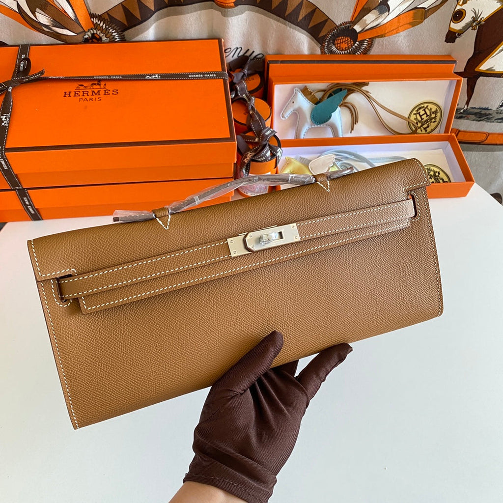 HERMES KELLY CUT 31 IN BRONZE BROWN CALFSKIN WITH SILVER HARDWARE