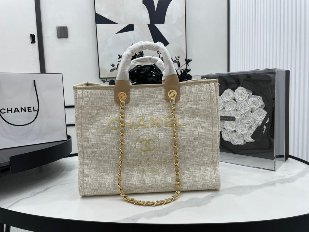 CHANEL DEAUVILLE LARGE 38 TOTE BAG IN BEIGE CANVAS GOLD HARDWARE