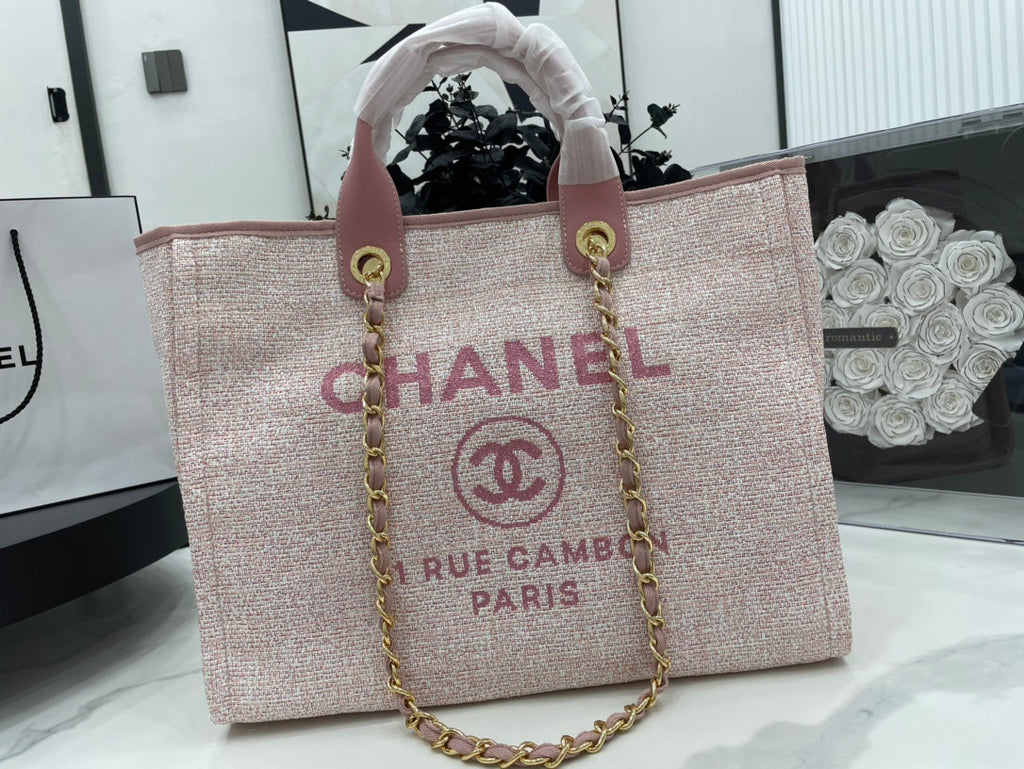 CHANEL DEAUVILLE LARGE 38 TOTE BAG IN LIGHT PINK CANVAS GOLD HARDWARE