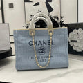 CHANEL DEAUVILLE LARGE 38 TOTE BAG IN LIGHT BLUE CANVAS WITH BLACK LOGO