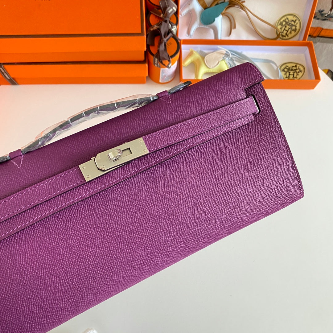 HERMES KELLY CUT 31 IN VIOLET PURPLE CALFSKIN WITH SILVER HARDWARE