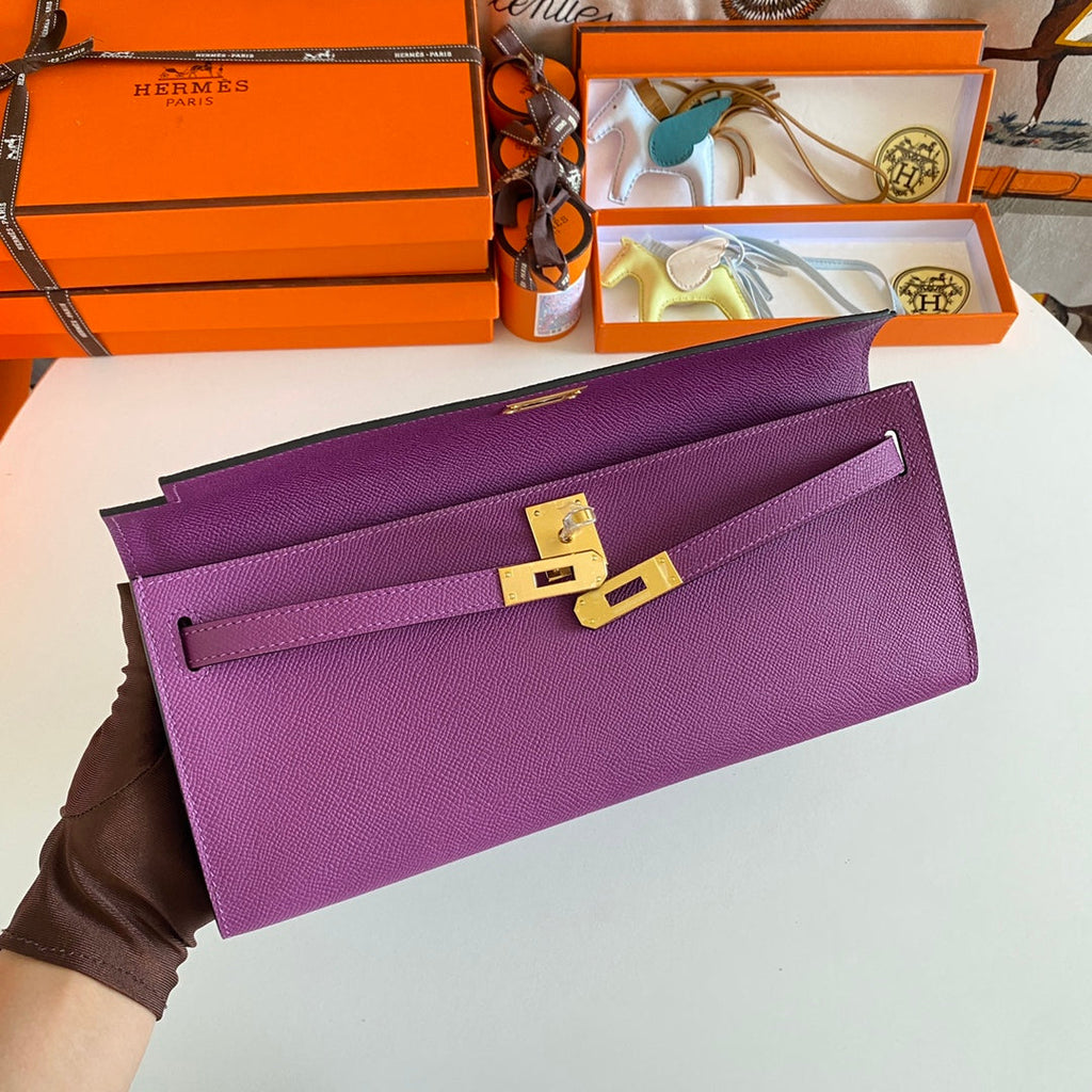 HERMES KELLY CUT 31 IN VIOLET PURPLE CALFSKIN WITH GOLD HARDWARE