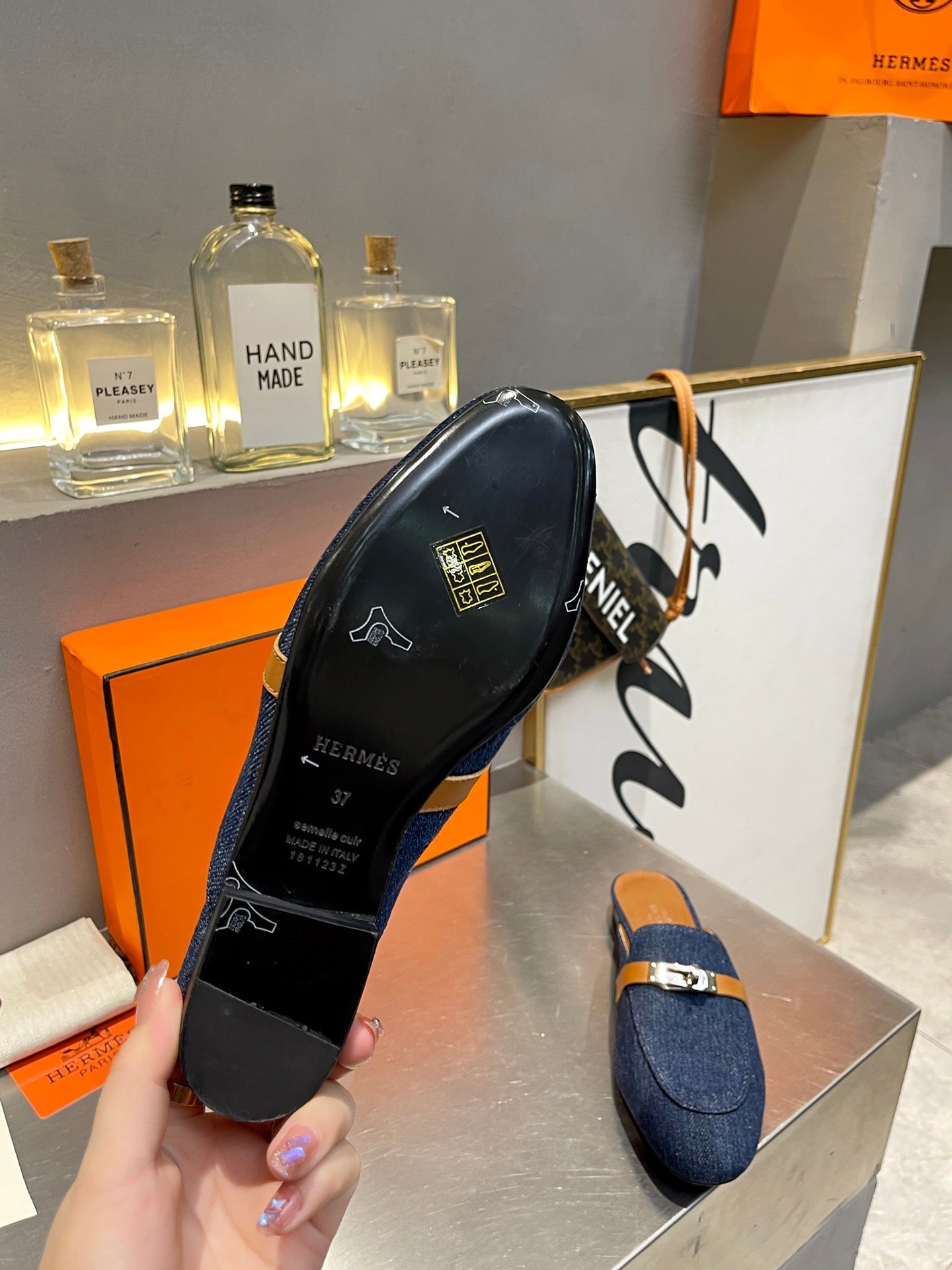 HERMES 0Z MULE TAWNY AND DENIM CALFSKIN