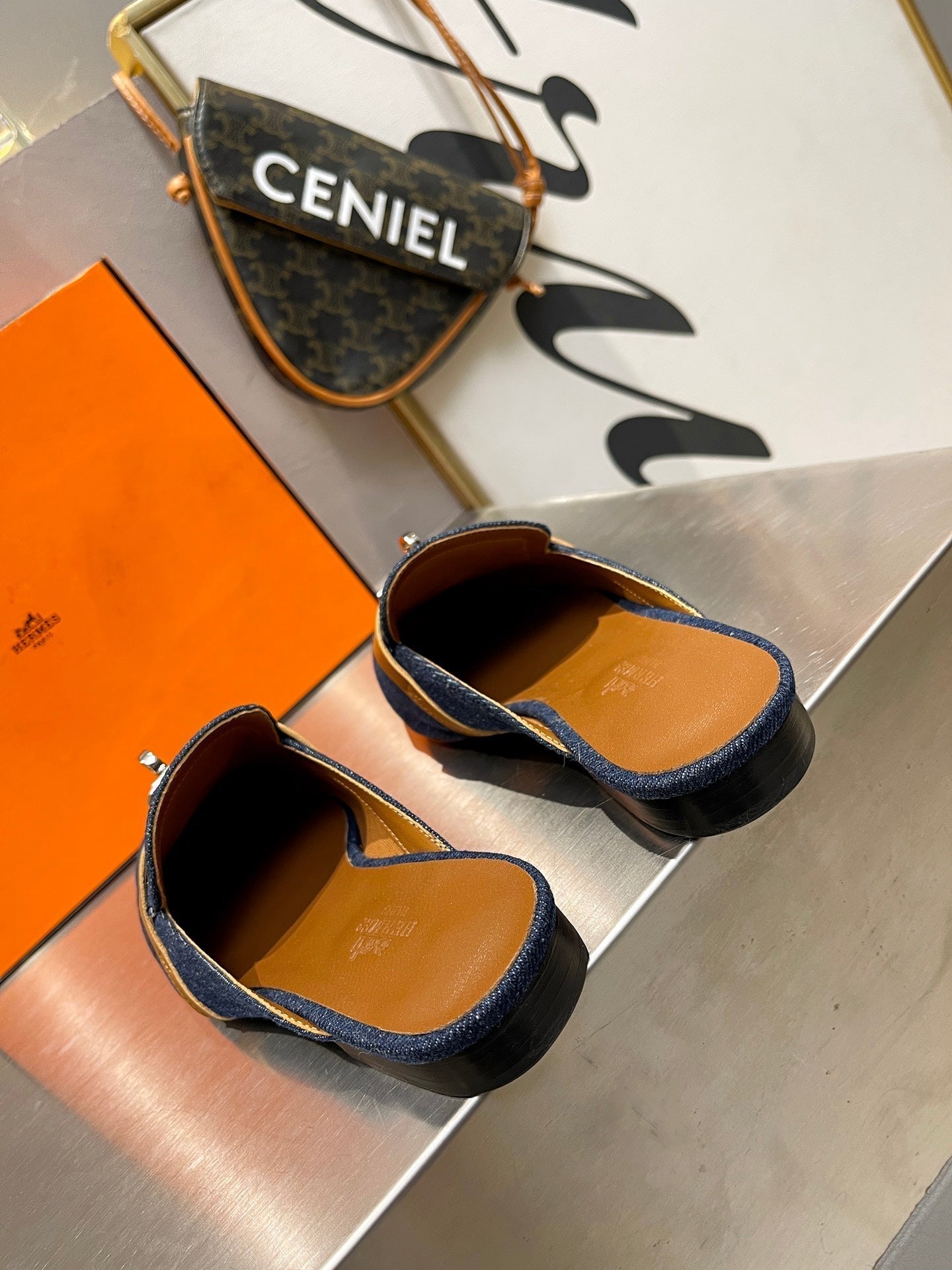 HERMES 0Z MULE TAWNY AND DENIM CALFSKIN