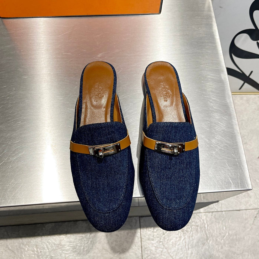 HERMES 0Z MULE TAWNY AND DENIM CALFSKIN