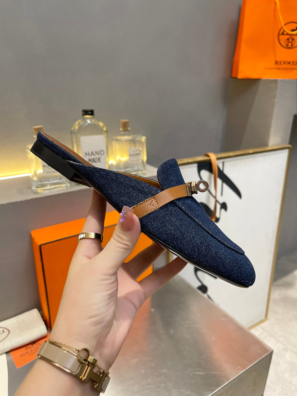 HERMES 0Z MULE TAWNY AND DENIM CALFSKIN
