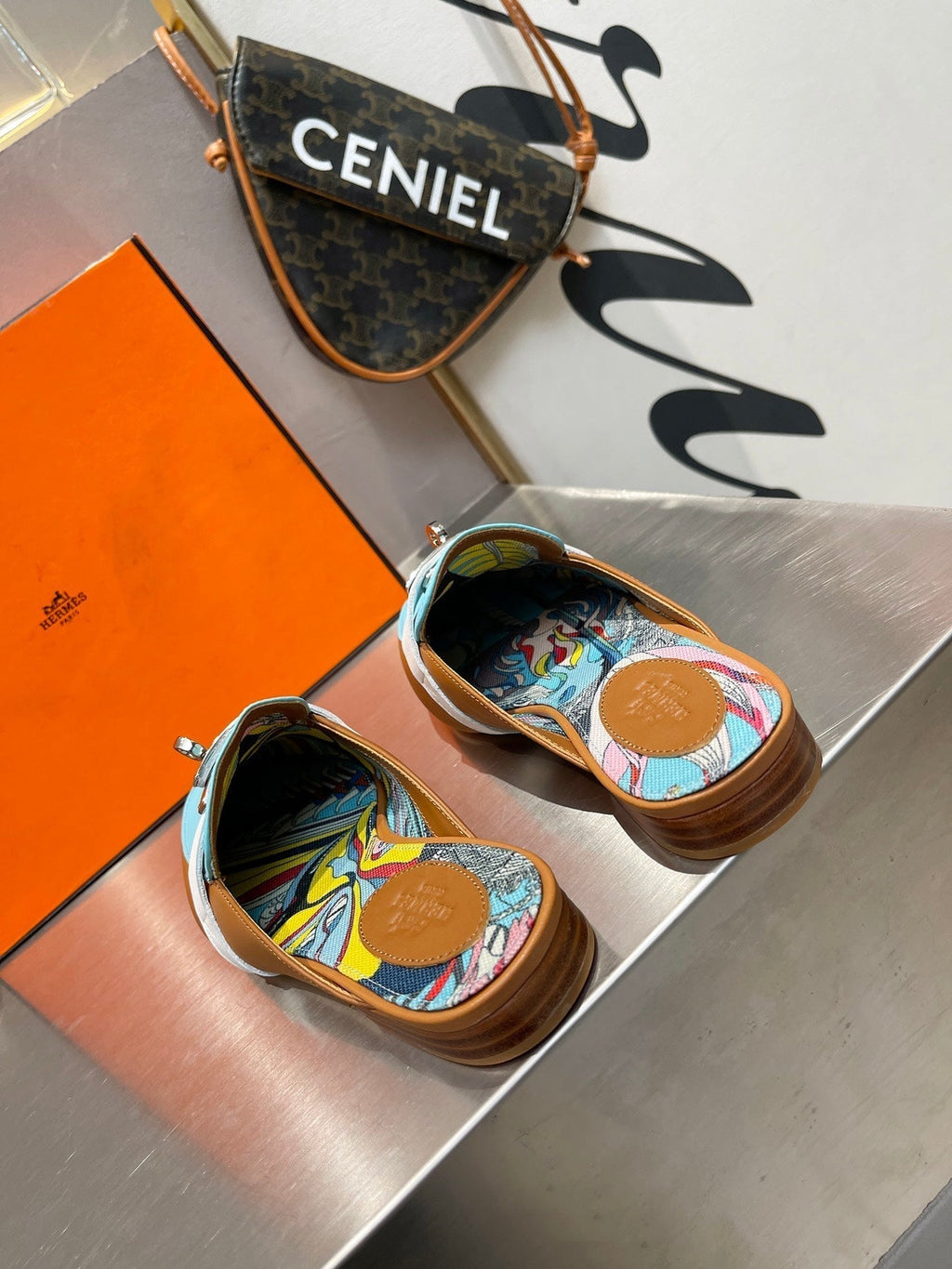 HERMES 0Z MULE CARAMEL AND SKY CALFSKIN WITH PATTERN