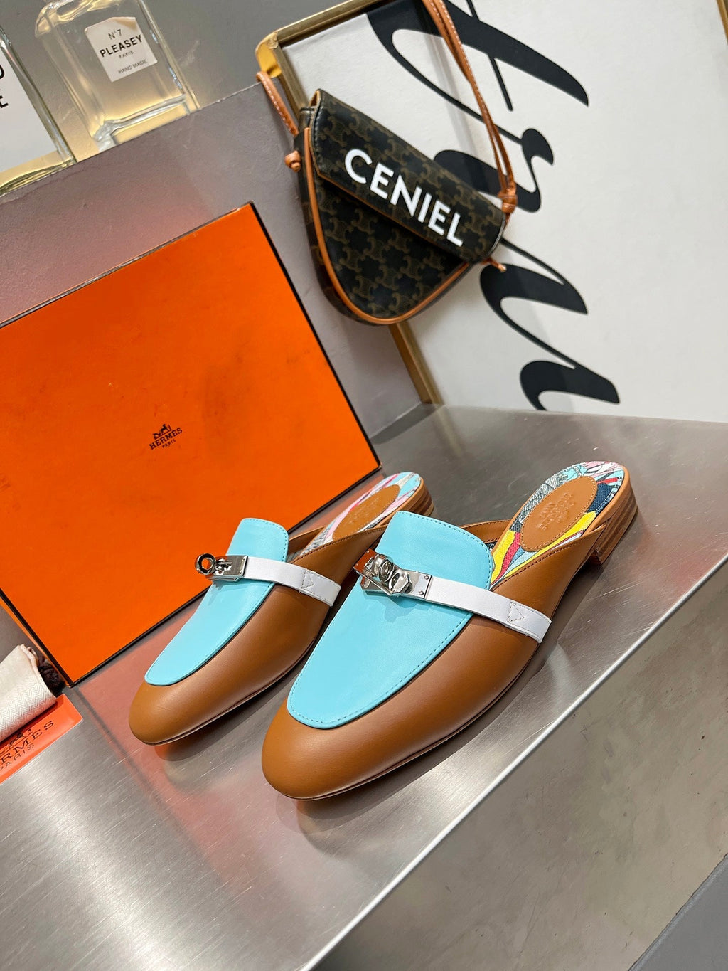 HERMES 0Z MULE CARAMEL AND SKY CALFSKIN WITH PATTERN
