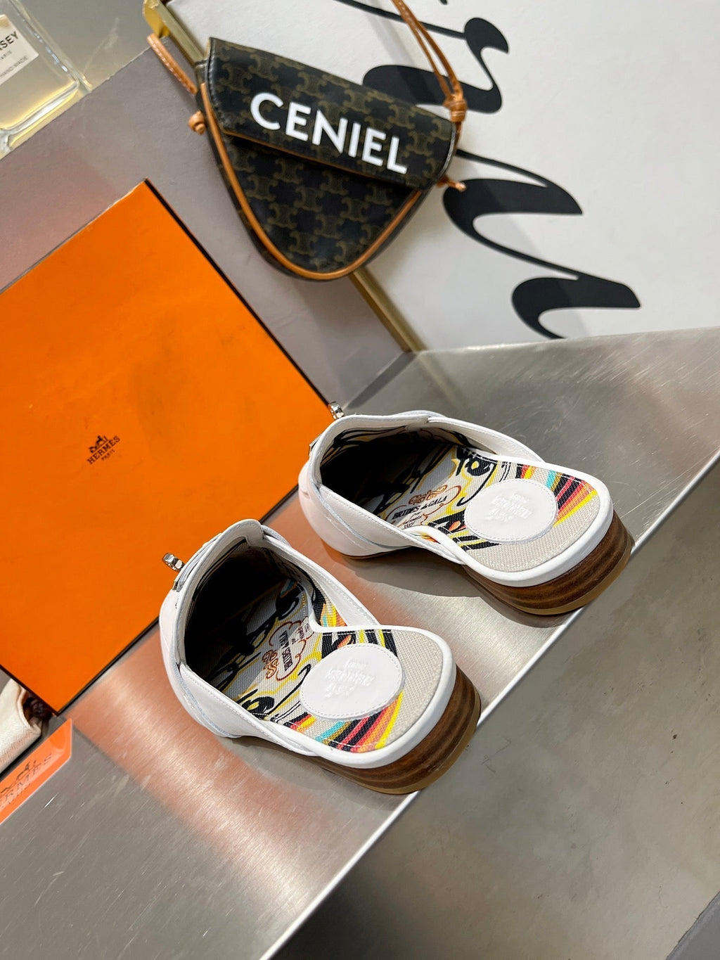 HERMES 0Z MULE WHITE CALFSKIN WITH BLACK PATTERN