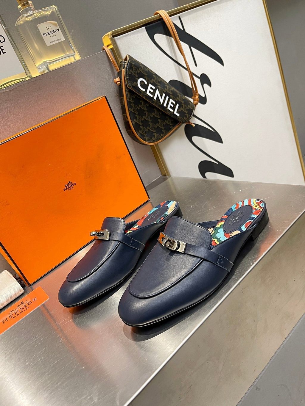 HERMES 0Z MULE INDIGO CALFSKIN WITH PATTERN