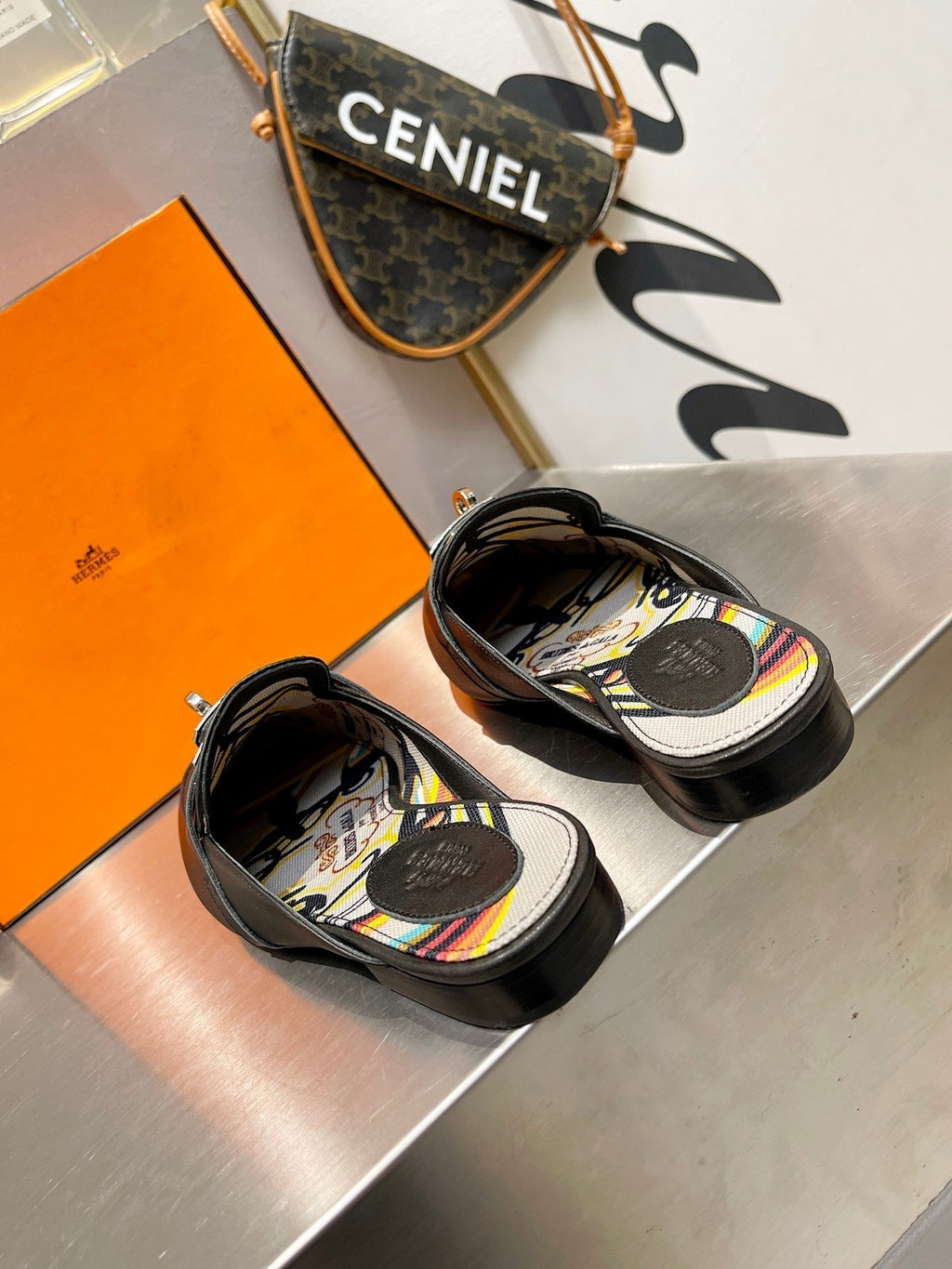 HERMES 0Z MULE BLACK CALFSKIN WITH PATTERN