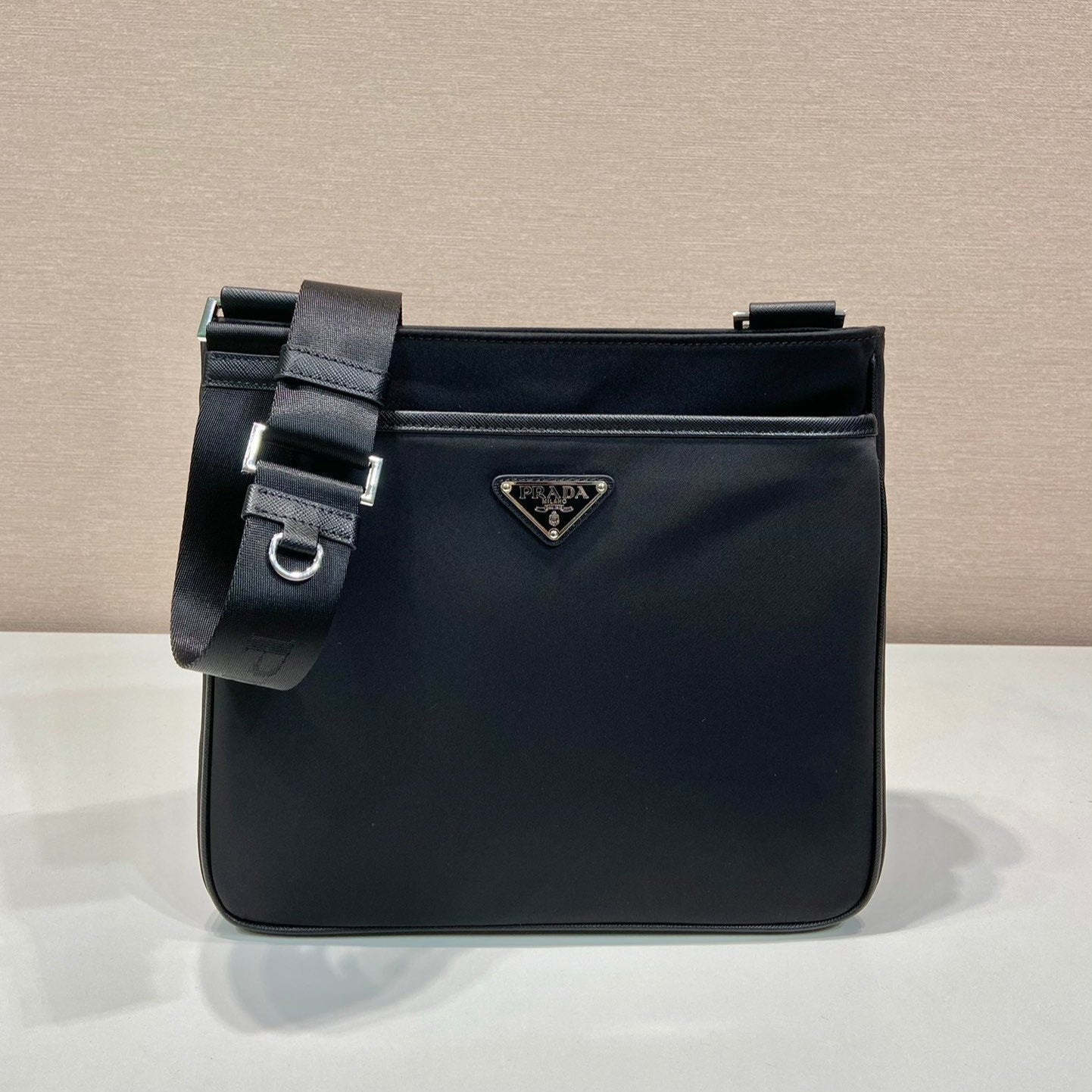 PRADA SQUARE BAG 28 IN BLACK RE-NYLON AND SAFFIANO LEATHER TRIM