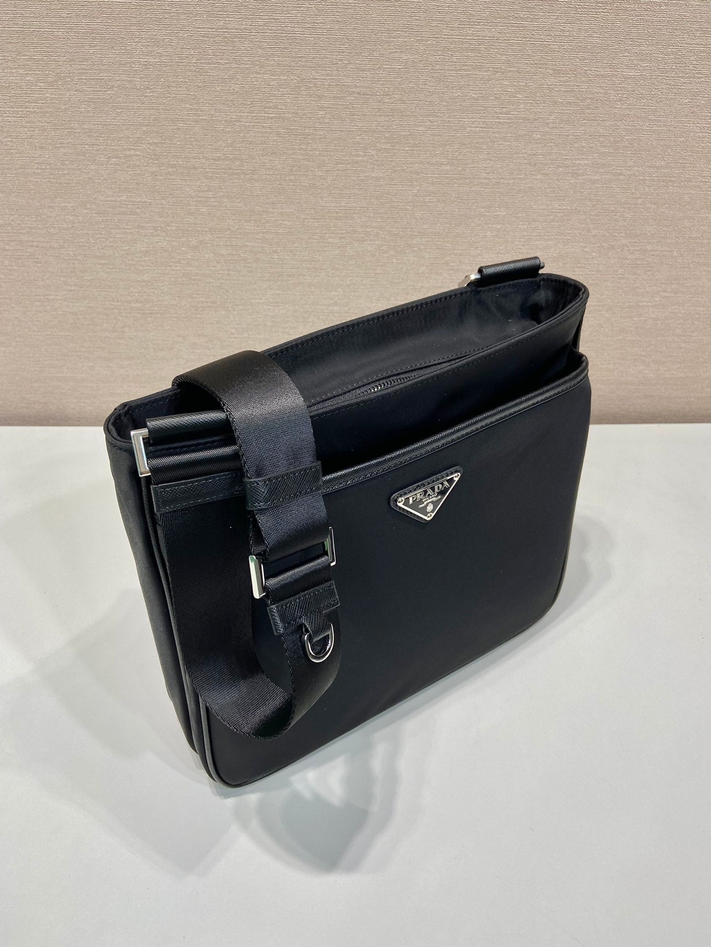 PRADA SQUARE BAG 28 IN BLACK RE-NYLON AND SAFFIANO LEATHER TRIM