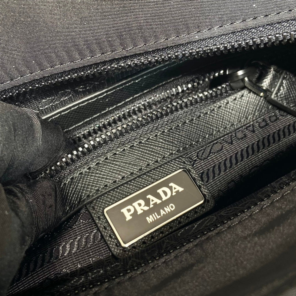PRADA SQUARE BAG 28 IN BLACK RE-NYLON AND SAFFIANO LEATHER TRIM