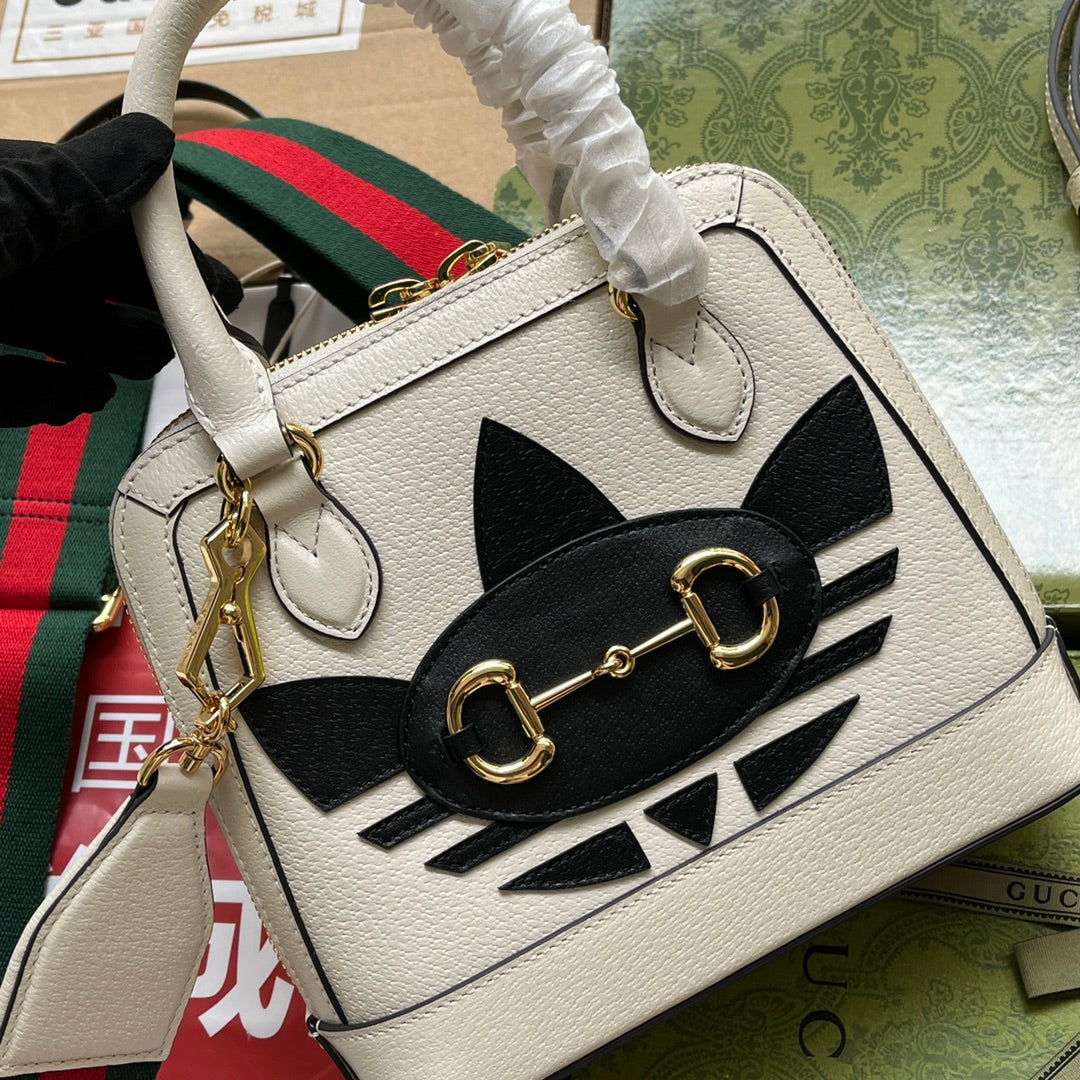 GUCCI xADIDAS HORSEBIT 1955 TOTE BAG 20 WITH WEB STRAP IN WHITE MIX BLACK CALFSKIN GOLD HARDWARE