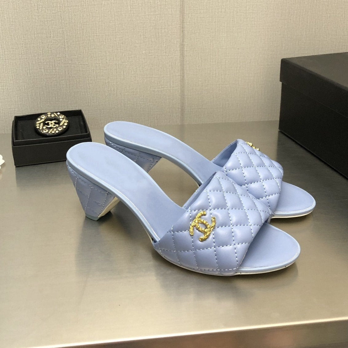 CHANEL rev cone heel mule slide sandal cloud blue quilted lambskin 6cm