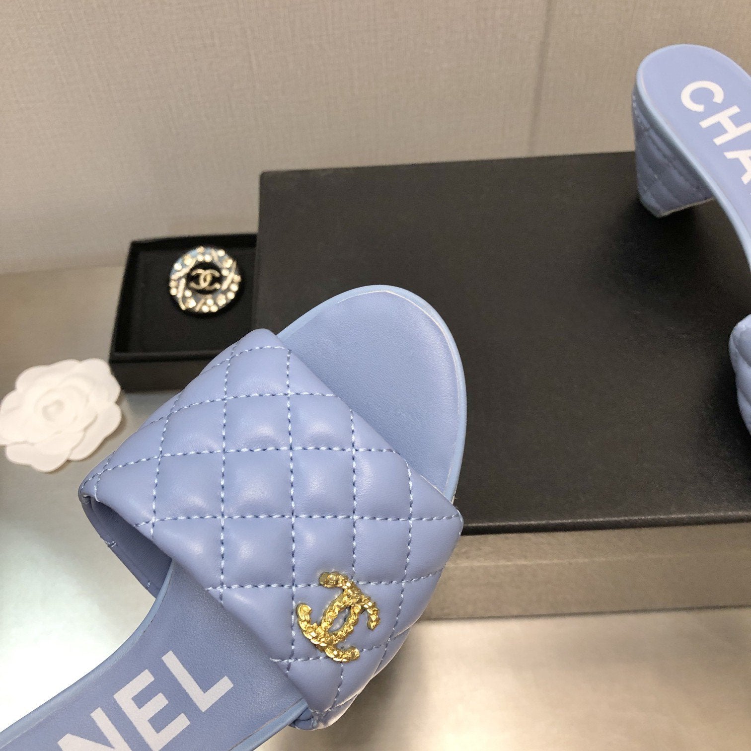 CHANEL rev cone heel mule slide sandal cloud blue quilted lambskin 6cm