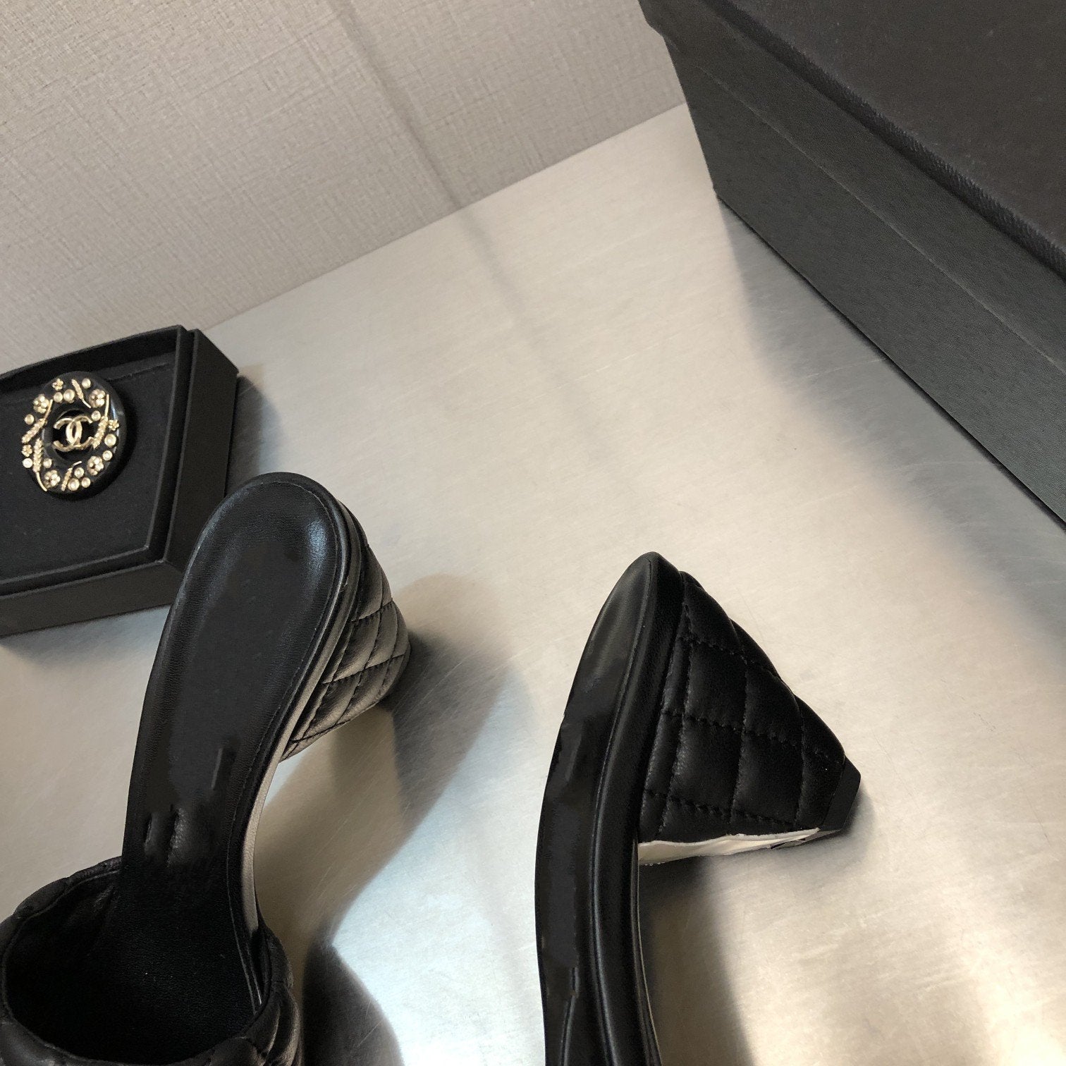 CHANEL rev cone heel mule slide sandal black quilted lambskin 6cm