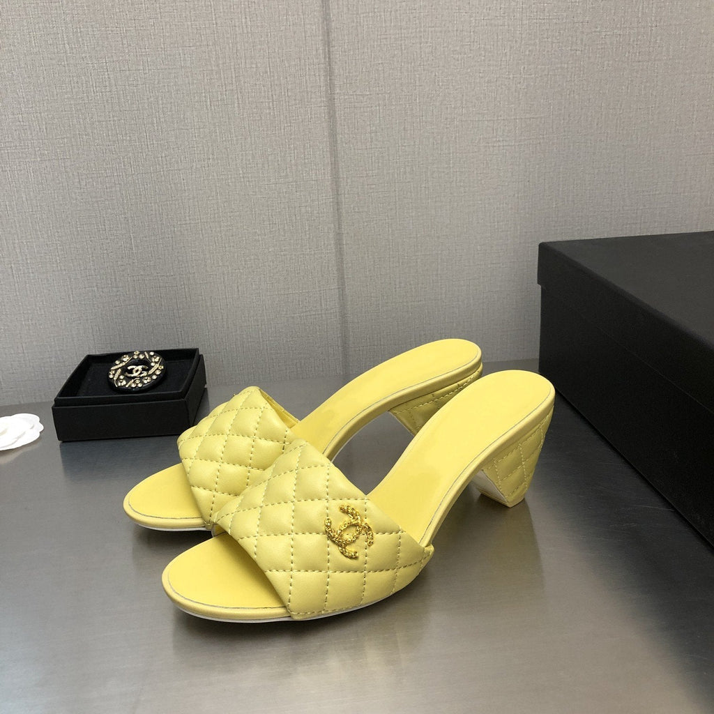 CHANEL rev cone heel mule slide sandal lime quilted lambskin 6cm