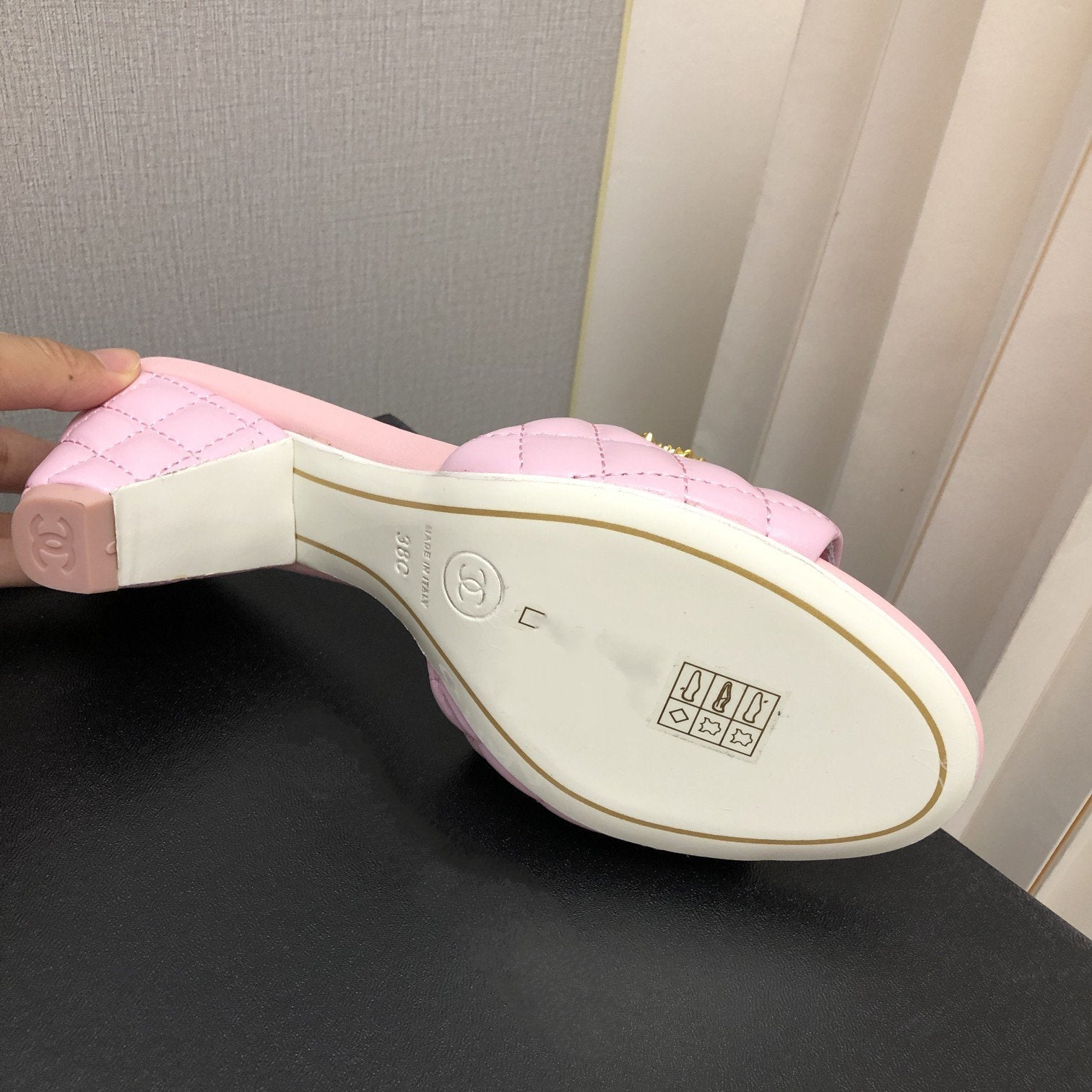 CHANEL rev cone heel mule slide sandal pink quilted lambskin 6cm