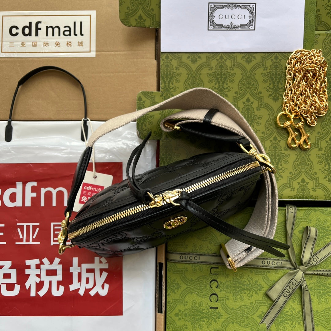 GUCCI MATELASSÉ LEATHER SHOULDER BAG 23 IN BLACK EMBOSSED CALFSKIN GOLD HARDWARE