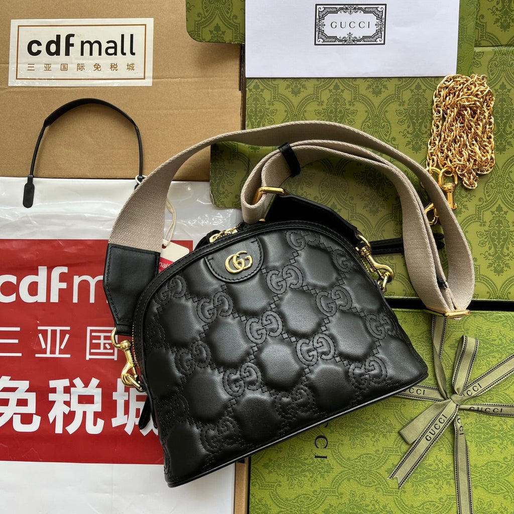 GUCCI MATELASSÉ LEATHER SHOULDER BAG 23 IN BLACK EMBOSSED CALFSKIN GOLD HARDWARE