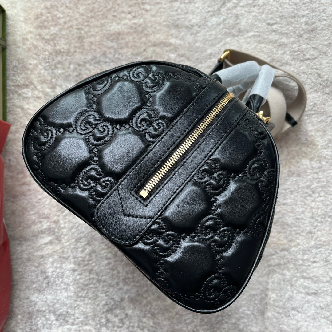 GUCCI MATELASSÉ TOP HANDLE BAG 31 IN BLACK EMBOSSED CALFSKIN GOLD HARDWARE
