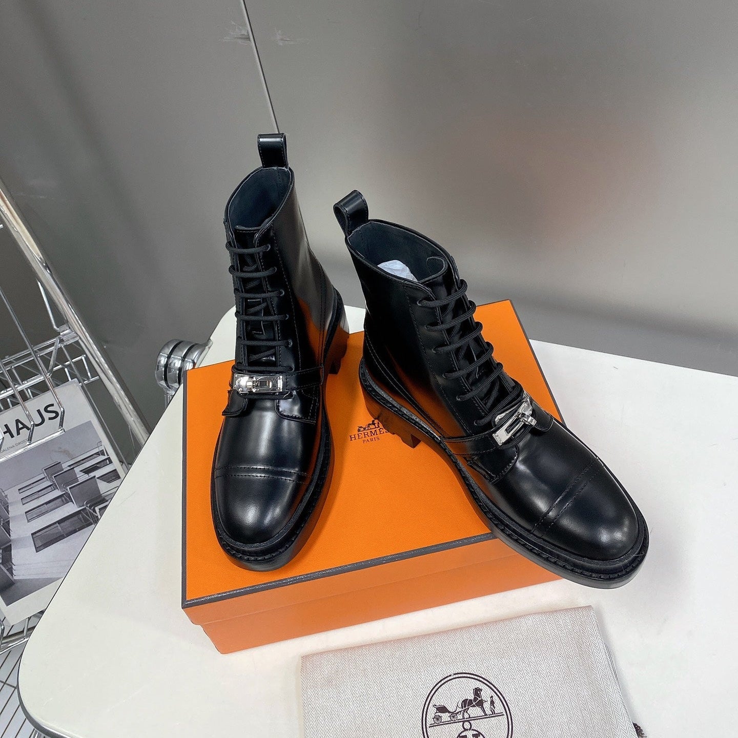HERMES 25S FUNK ANKLE BOOT IN BLACK LAMBSKIN WITH SILVER HARDWARE