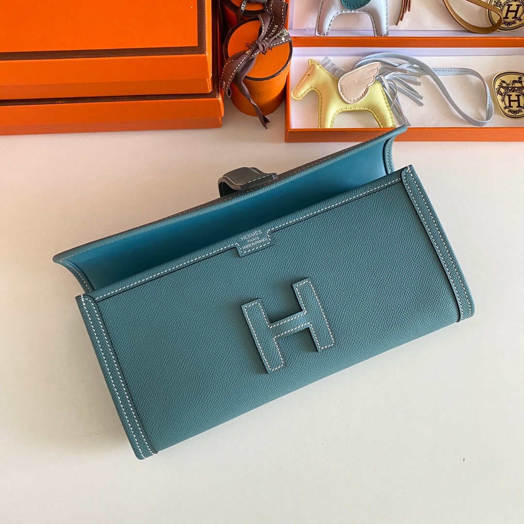 HERMES JIGE ELAN 29 CLUTCH IN AEGEAN BLUE CALFSKIN