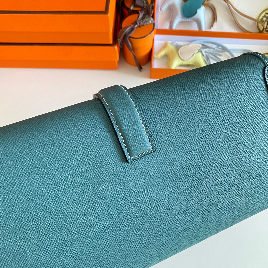HERMES JIGE ELAN 29 CLUTCH IN AEGEAN BLUE CALFSKIN