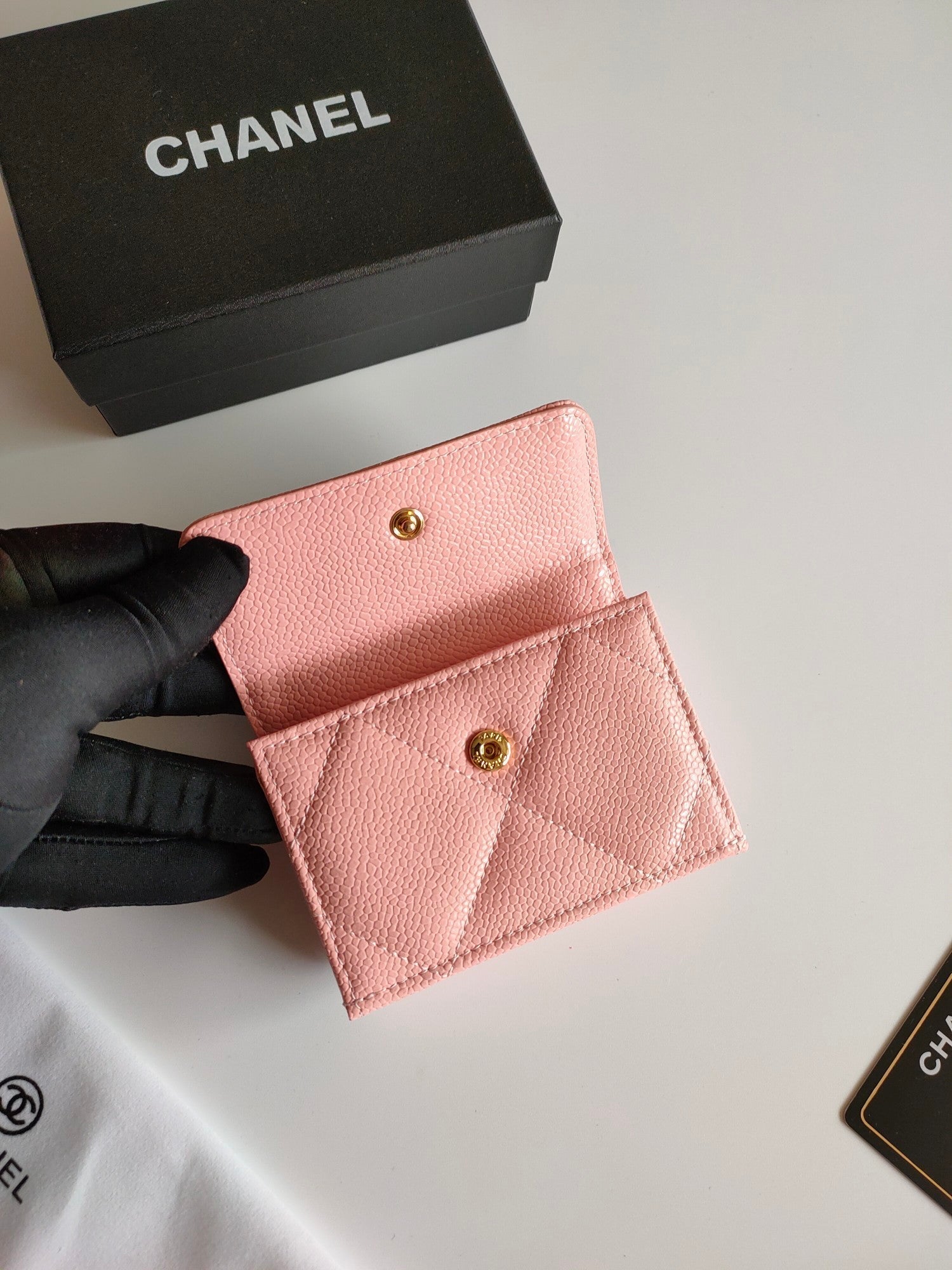 CHANEL TRIFOLD PURSE 12 PEACH GRAINED CALFSKIN GOLD ICON