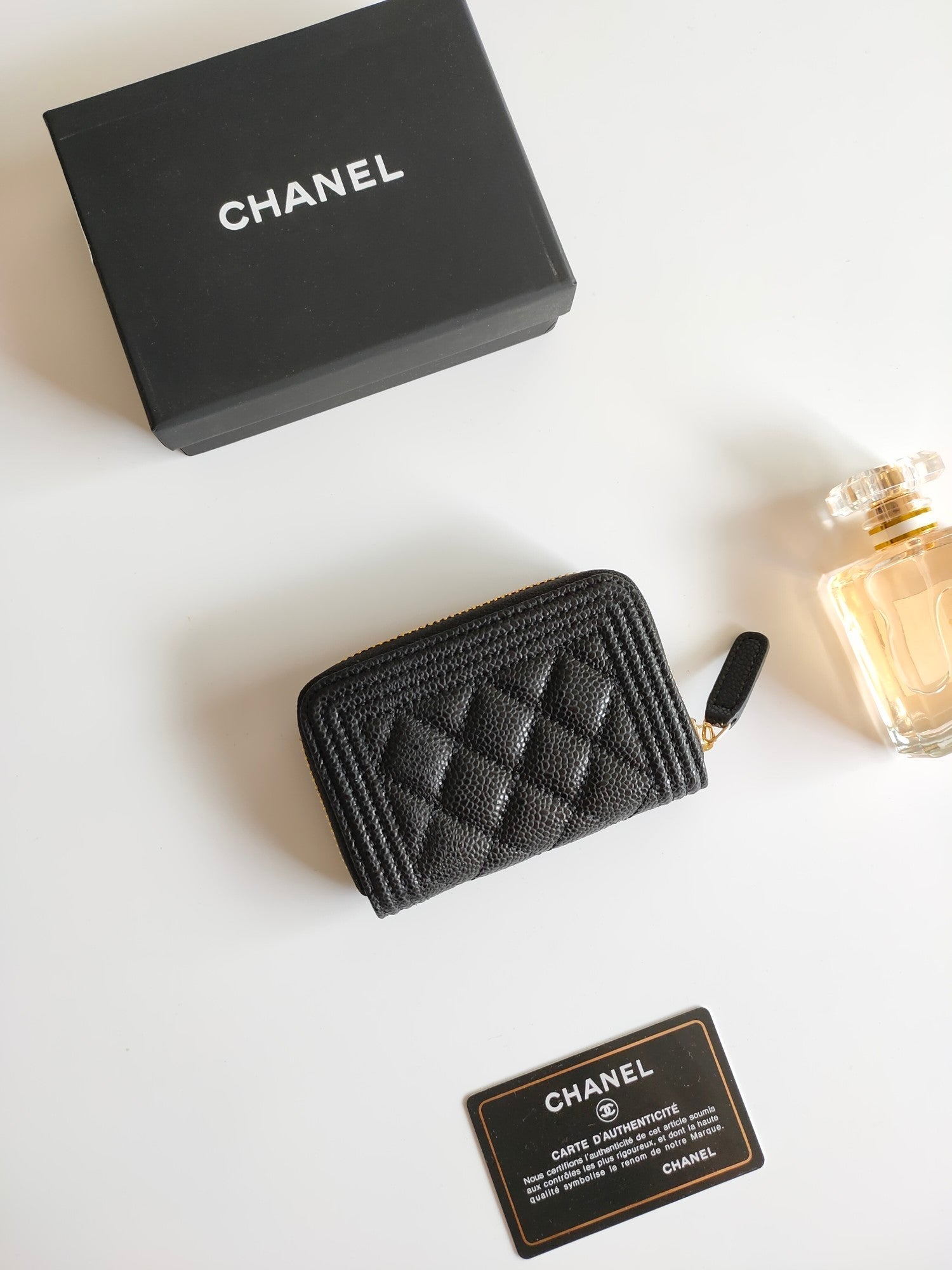 CHANEL BOY ZIP COIN PURSE 11.5 BLACK GRAINED CALFSKIN GOLD ICON