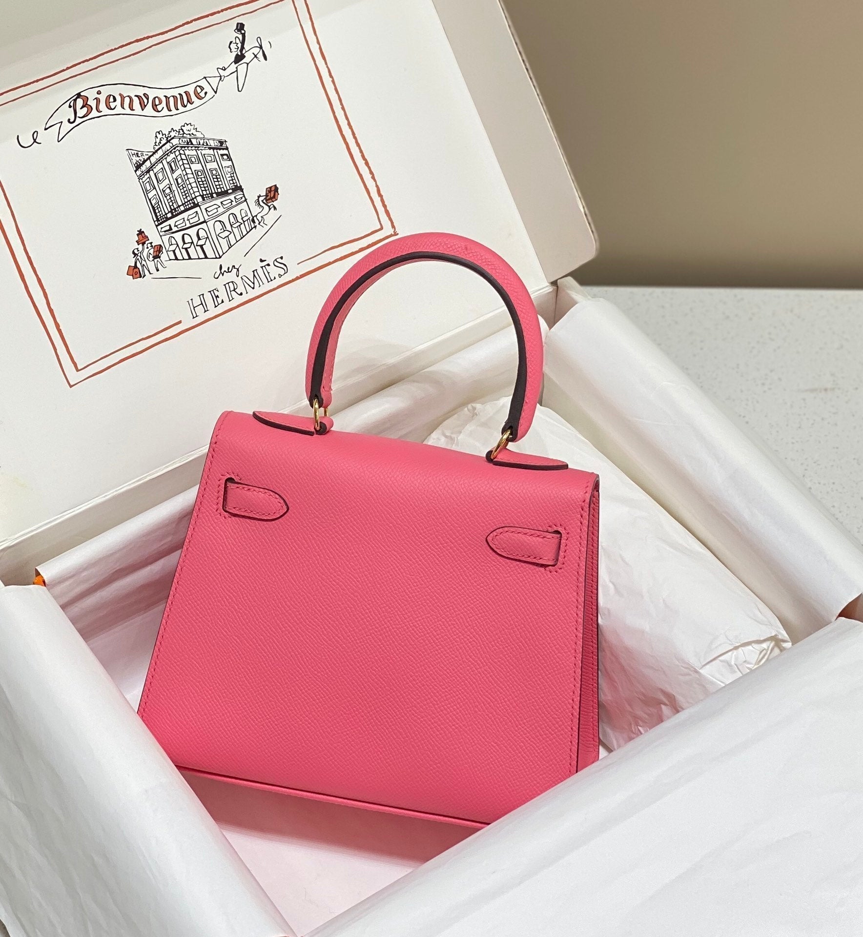 HERMES KELLY MINI 20 BAG IN WATERMELON PINK CALFSKIN WITH GOLD HARDWARE