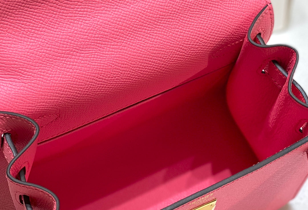 HERMES KELLY MINI 20 BAG IN WATERMELON PINK CALFSKIN WITH GOLD HARDWARE