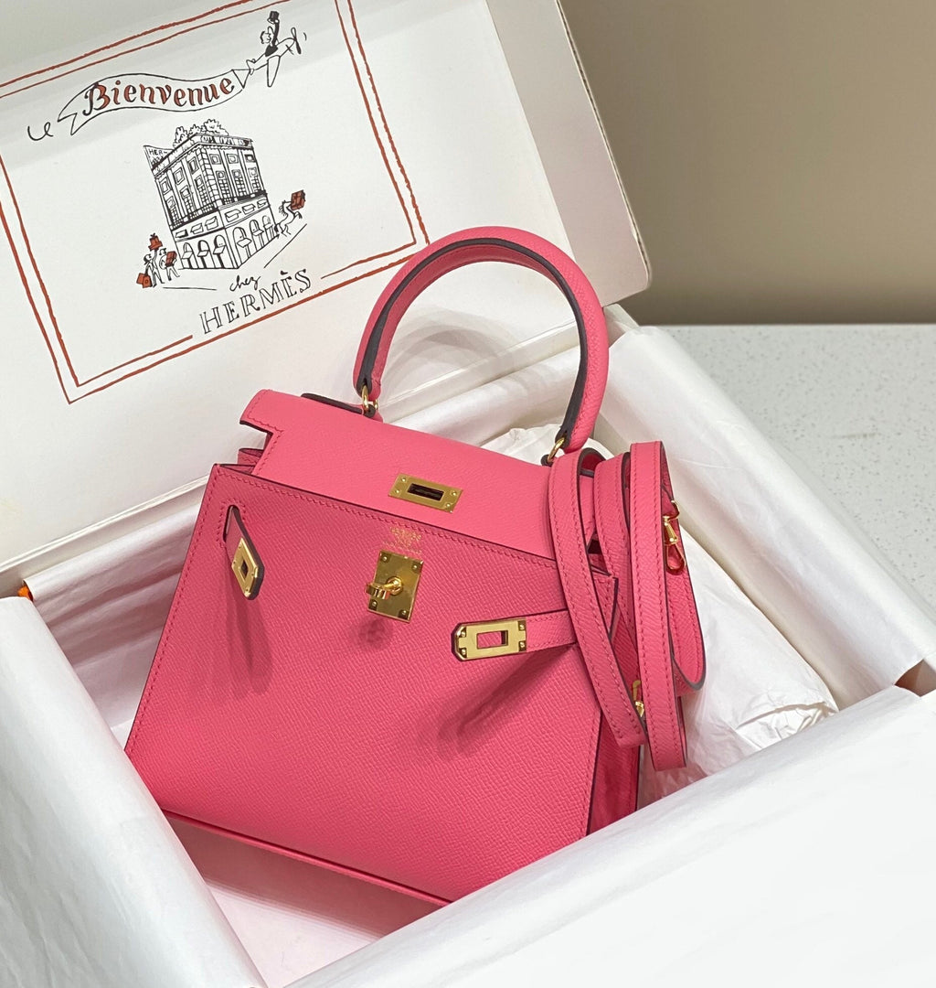HERMES KELLY MINI 20 BAG IN WATERMELON PINK CALFSKIN WITH GOLD HARDWARE