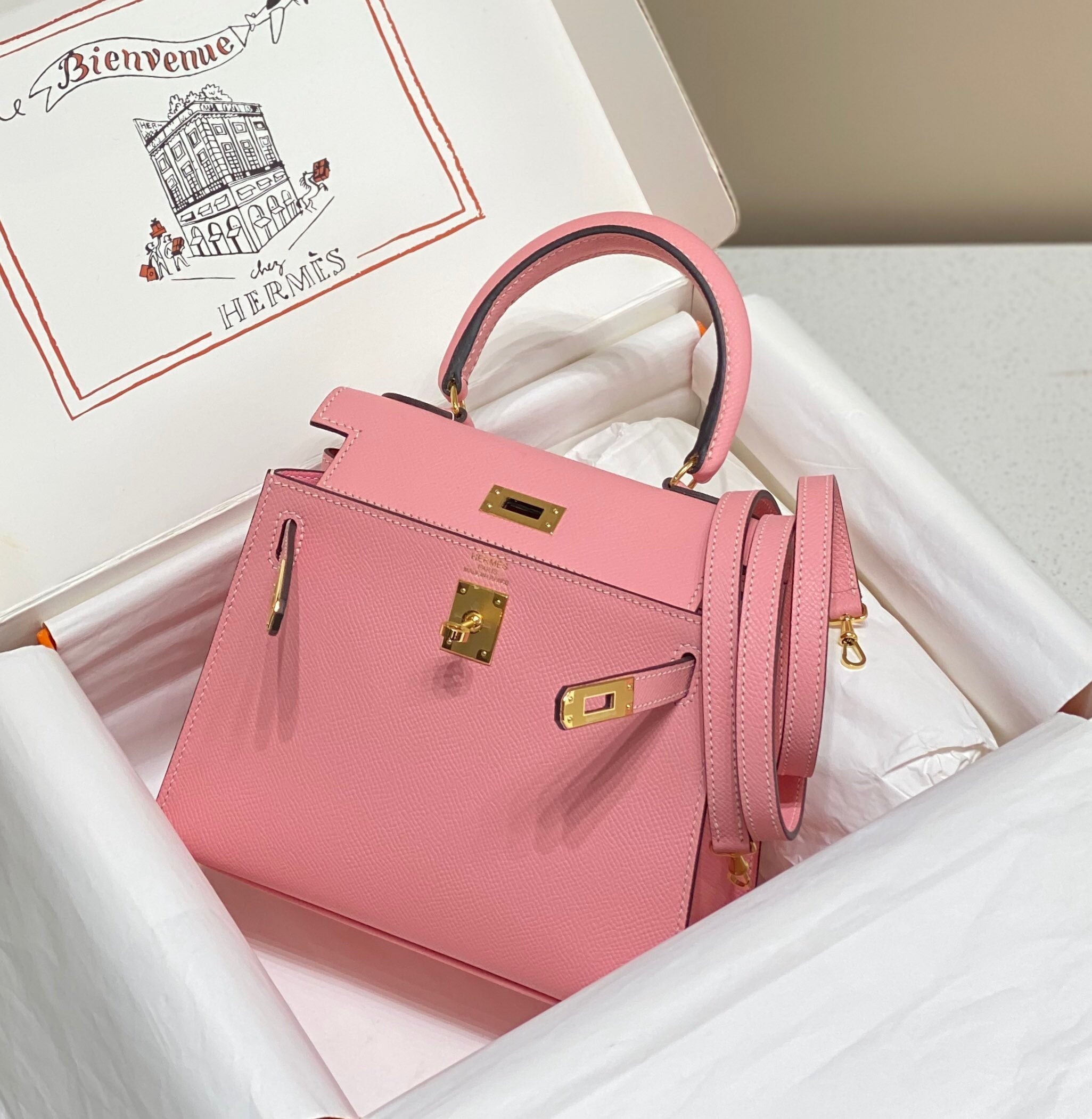 HERMES KELLY MINI 20 BAG IN ROUGE PINK CALFSKIN WITH GOLD HARDWARE