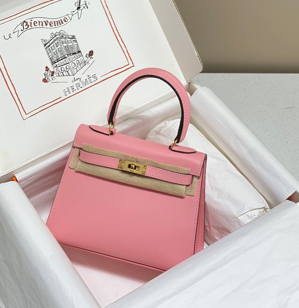 HERMES KELLY MINI 20 BAG IN ROUGE PINK CALFSKIN WITH GOLD HARDWARE