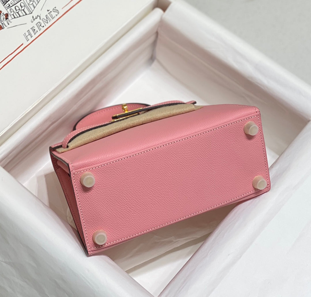 HERMES KELLY MINI 20 BAG IN ROUGE PINK CALFSKIN WITH GOLD HARDWARE