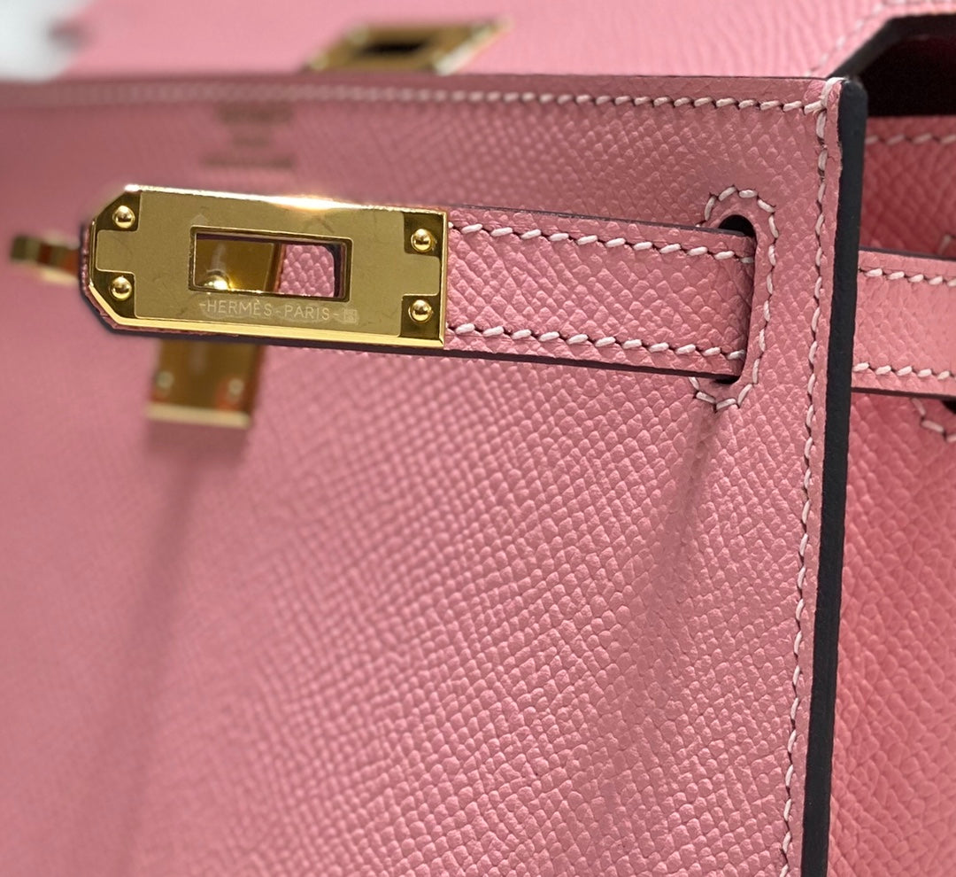 HERMES KELLY MINI 20 BAG IN ROUGE PINK CALFSKIN WITH GOLD HARDWARE