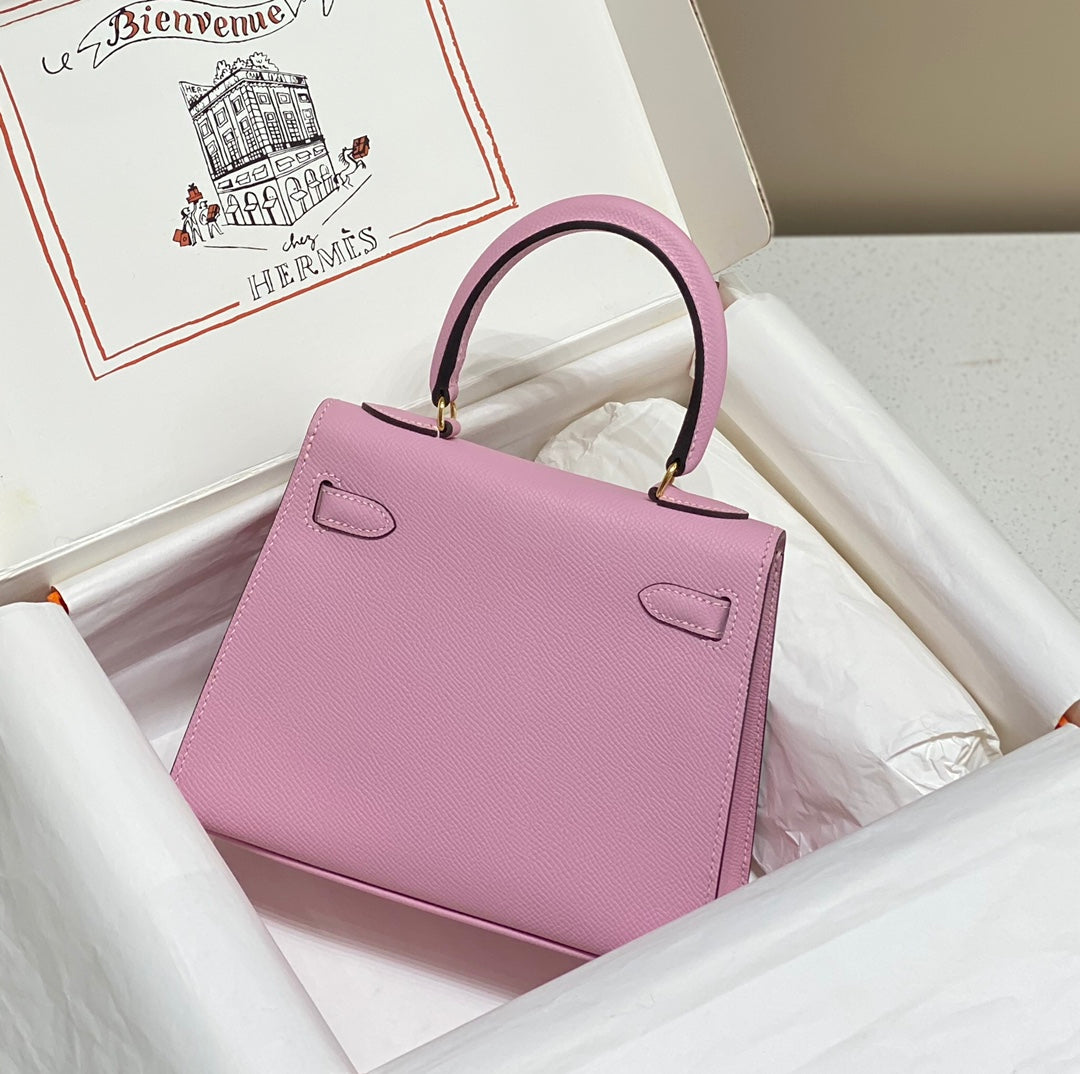 HERMES KELLY MINI 20 BAG IN BABY PINK CALFSKIN WITH GOLD HARDWARE