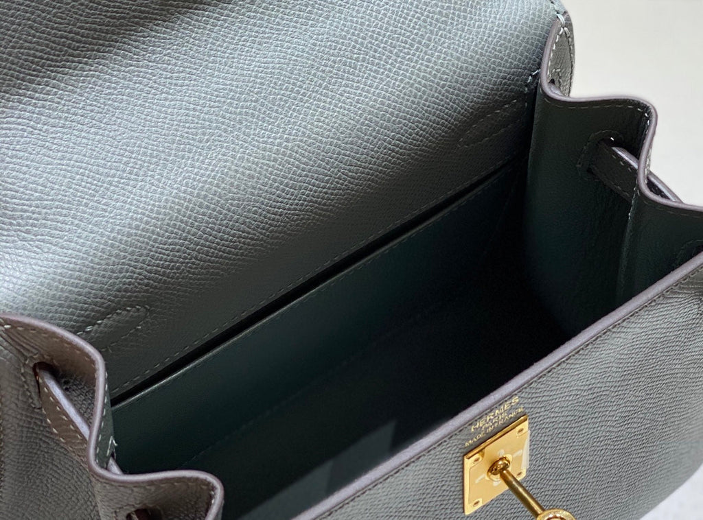 HERMES KELLY MINI 20 BAG IN SHARK GRAY CALFSKIN WITH GOLD HARDWARE