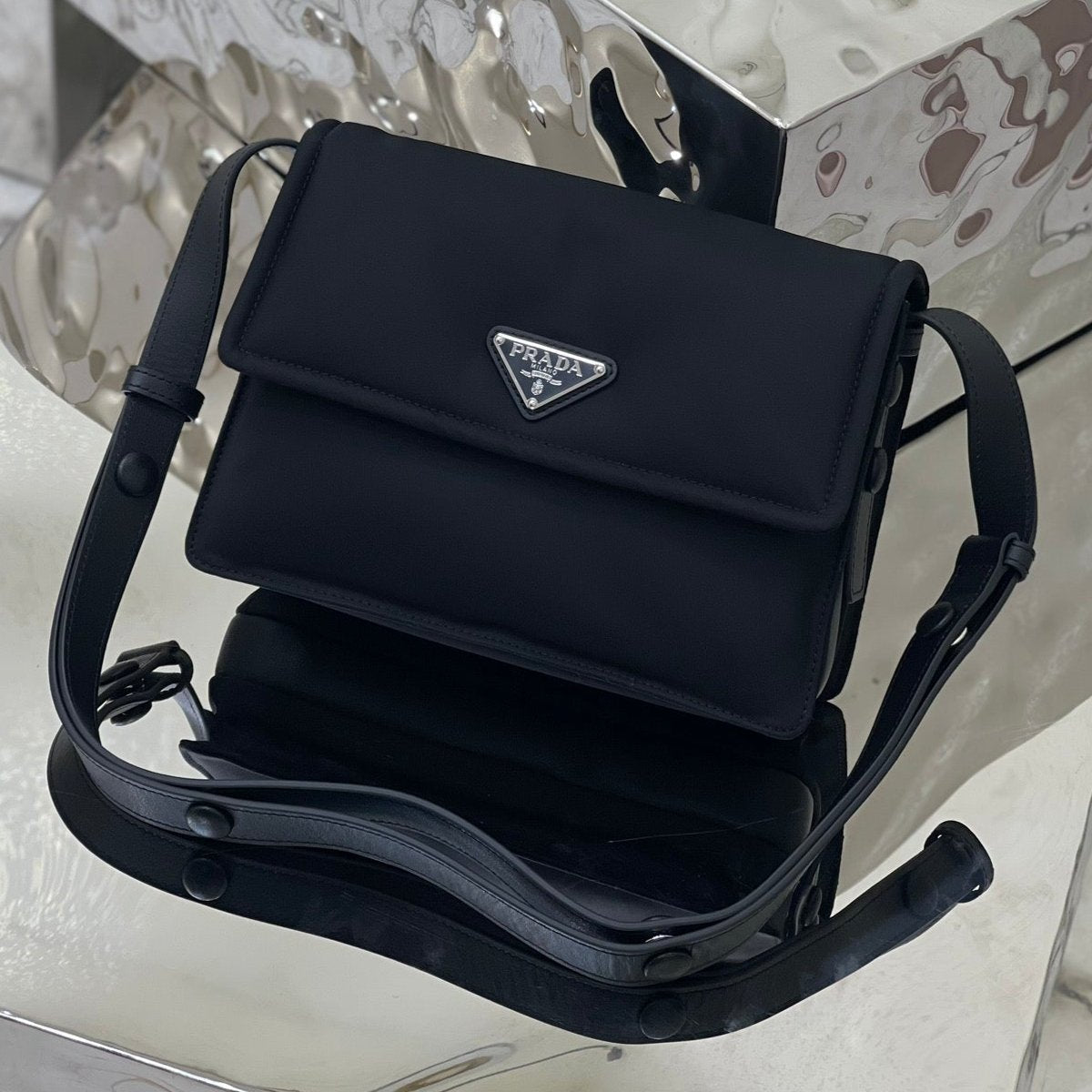 PRADA CINI 23 MEDIUM BAG IN BLACK RE-NYLON WITH STRAP