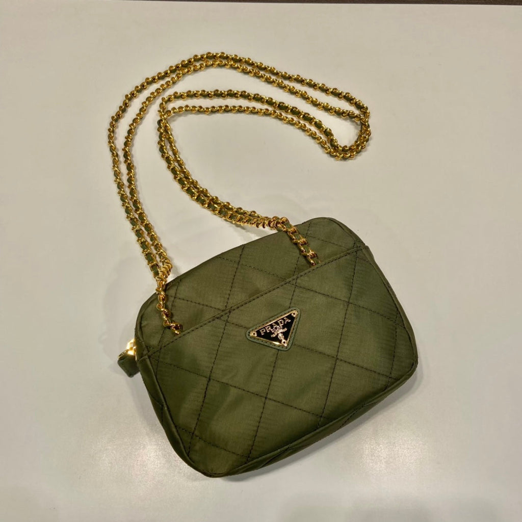PRADA QUILTED HOBO BAG 19 IN PICKLE GREEN HANDMADE NYLON GOLD HARDWARE