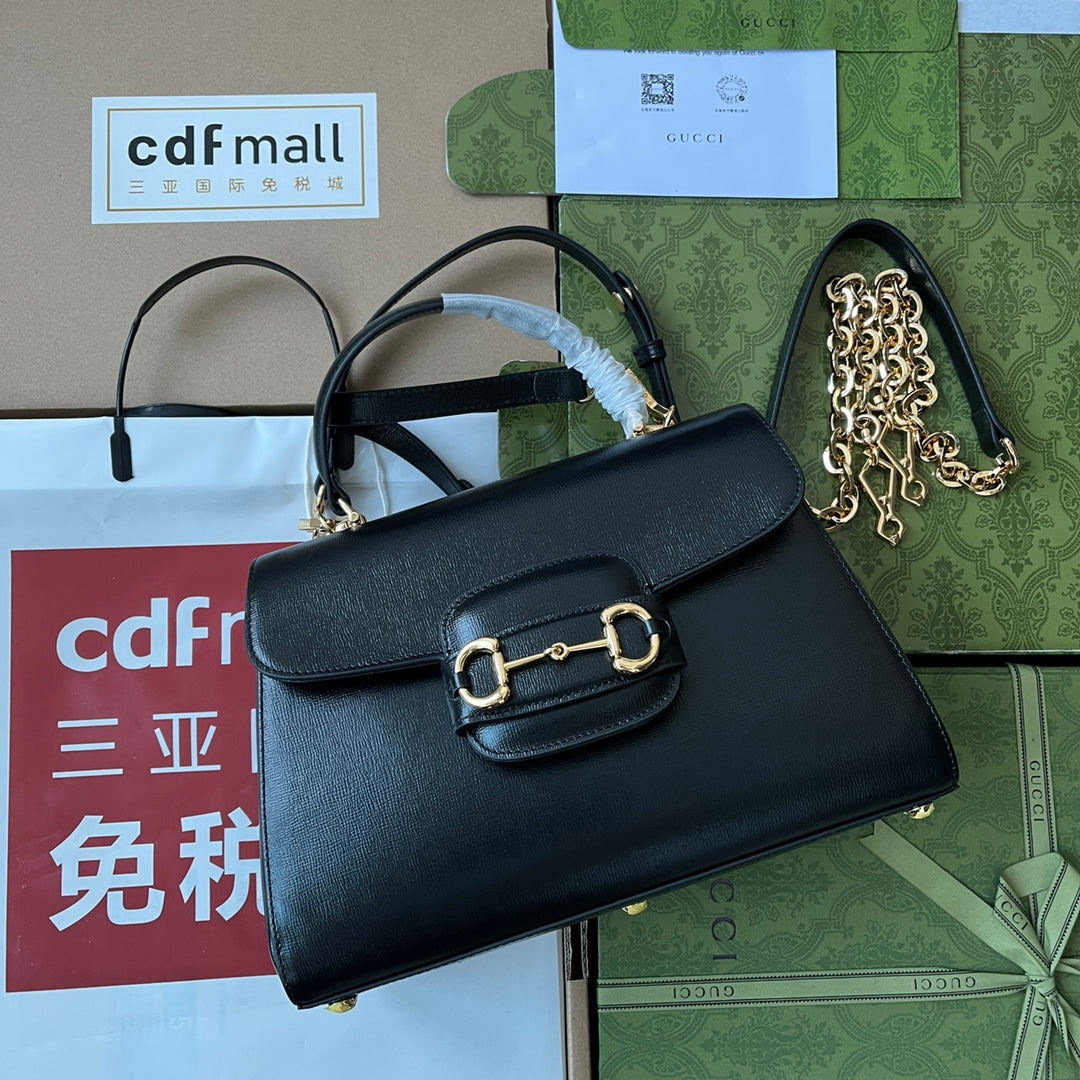 GUCCI HORSEBIT 1955 MEDIUM TOP HANDLE BAG 29 IN BLACK CALFSKIN GOLD HARDWARE