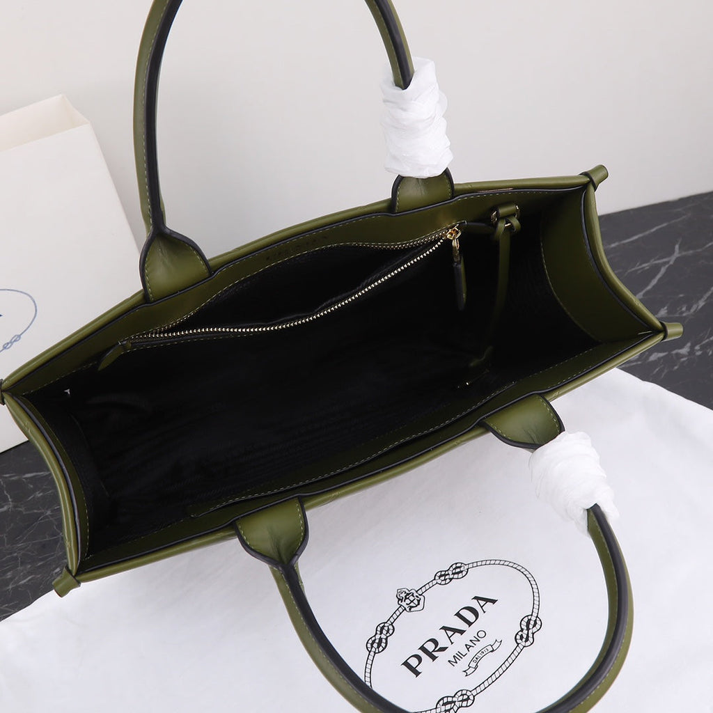 PRADA LARGE 39 TOTE IN OLIVE GREEN CALFSKIN GOLD HARDWARE