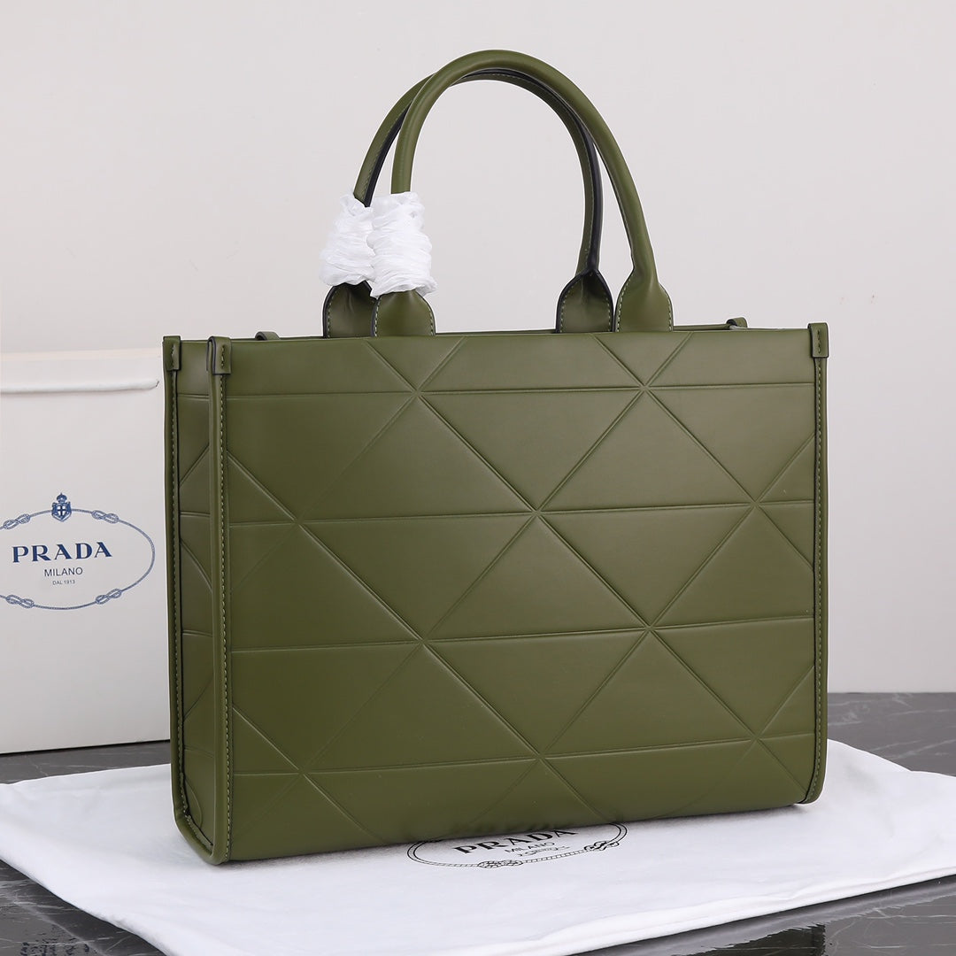 PRADA LARGE 39 TOTE IN OLIVE GREEN CALFSKIN GOLD HARDWARE