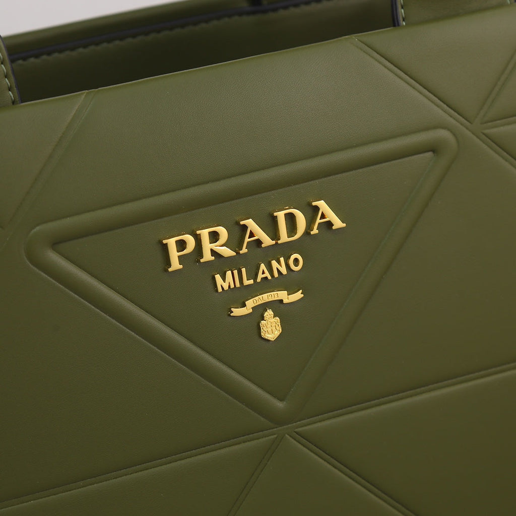 PRADA LARGE 39 TOTE IN OLIVE GREEN CALFSKIN GOLD HARDWARE