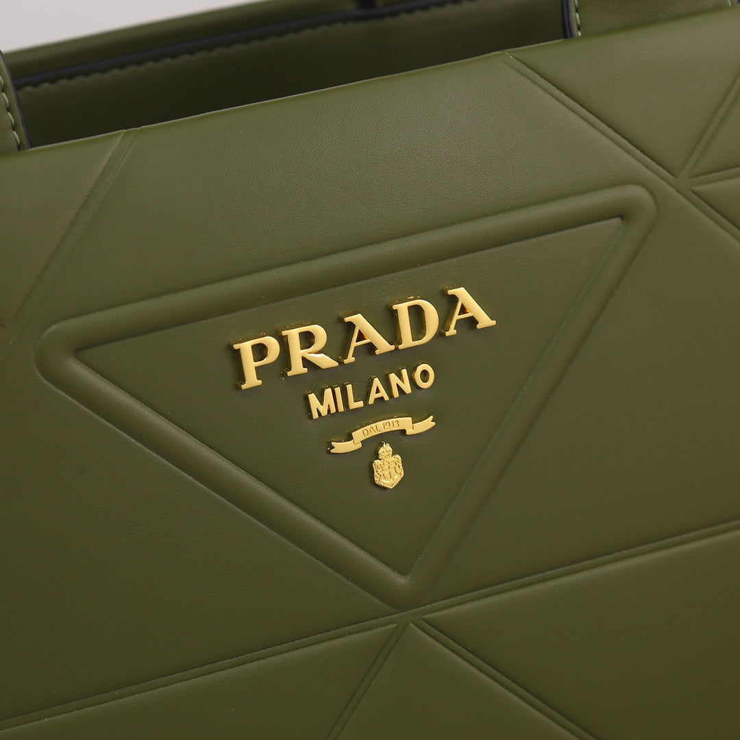 PRADA LARGE 39 TOTE IN OLIVE GREEN CALFSKIN GOLD HARDWARE