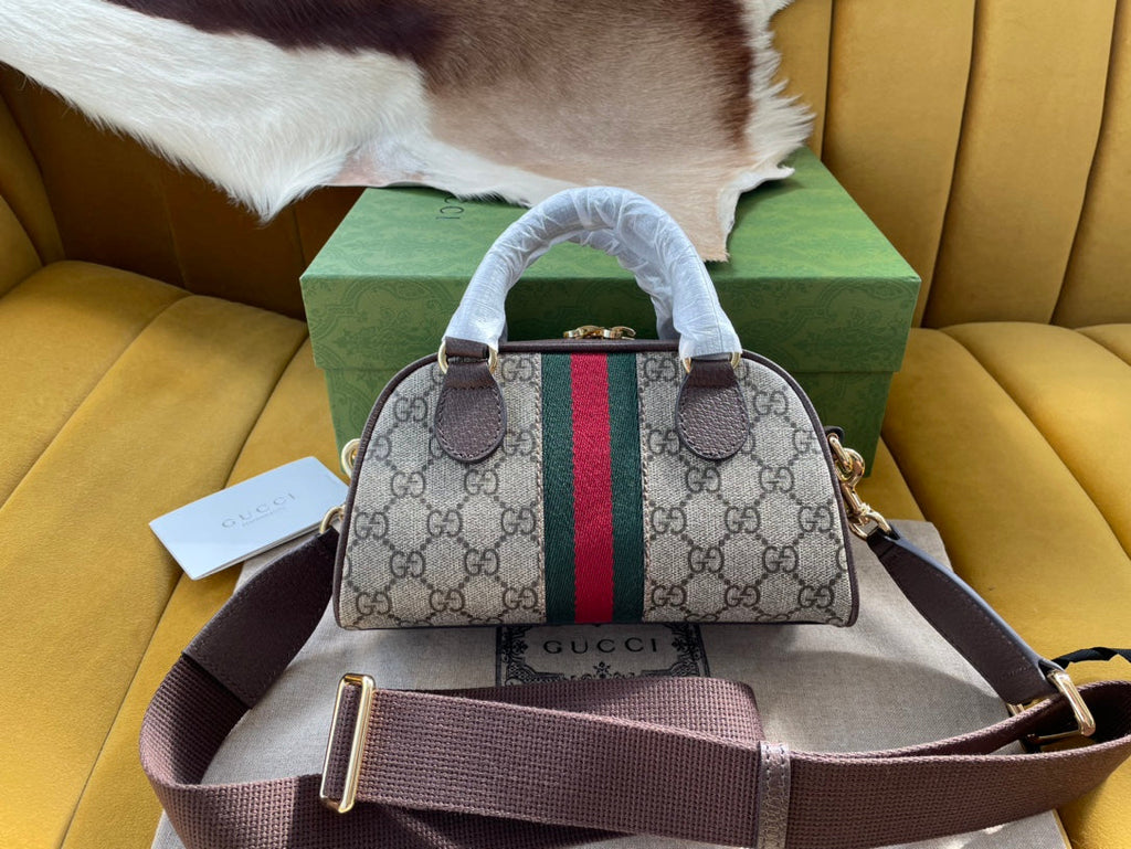 GUCCI OPHIDIA  SMALL 21 SHOULDER BAG BEIGE AND EBONY SUPREME CANVAS